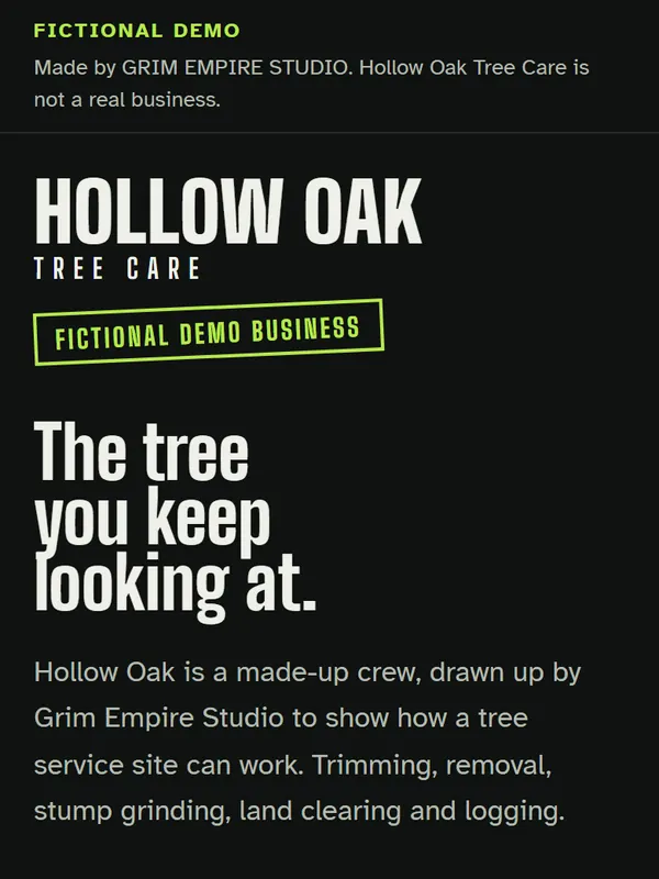 Hollow Oak Tree Care demo: The tree you keep looking at, with a call button and a drawing of a tree beside a house