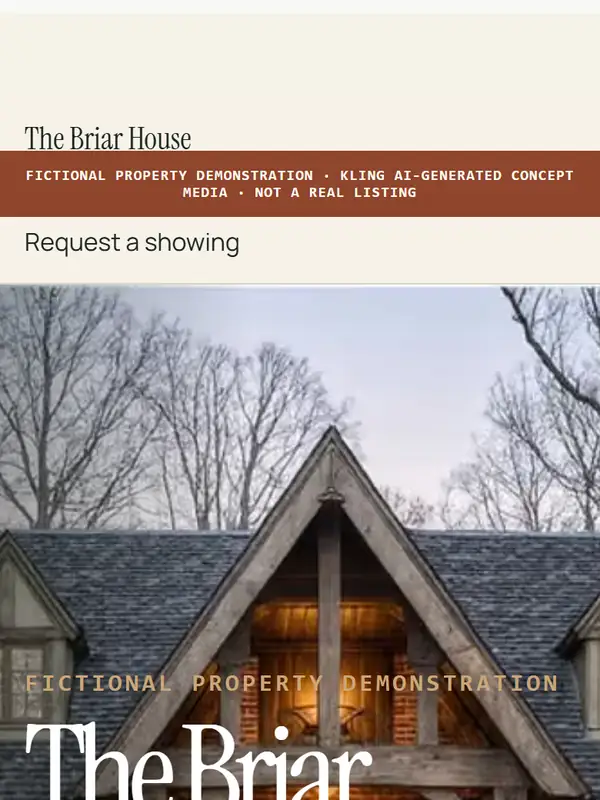 The Briar House demo: a brick Tudor home at dusk under the title The Briar House
