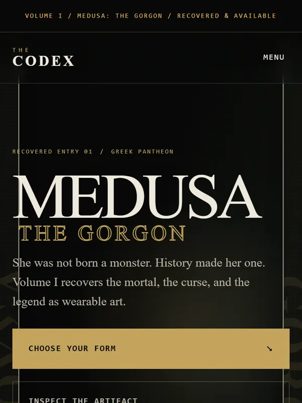 The Codex store: dark pages selling Medusa apparel, including a black T-shirt with an illustrated back print