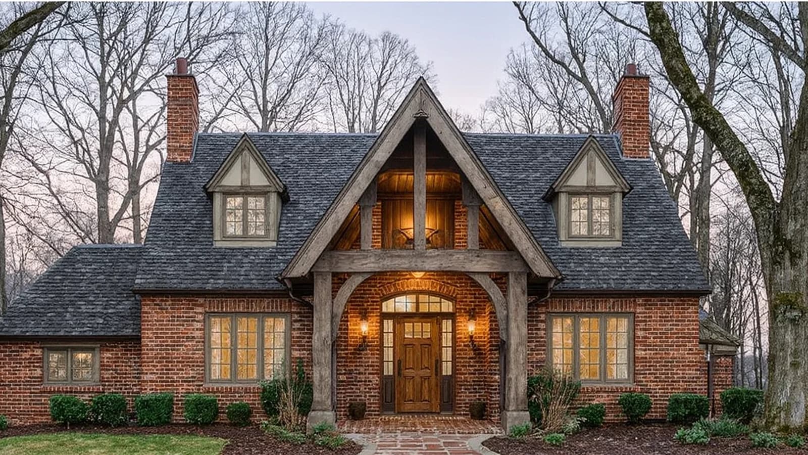 Fictional red-brick Tudor home exterior used for a service demonstration