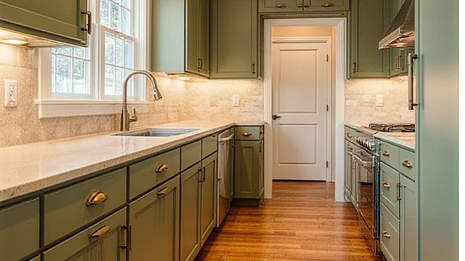 Fictional galley kitchen with sage cabinetry and oak floors