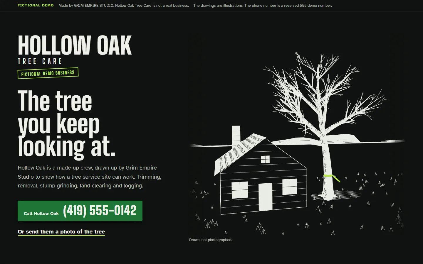 Fictional Hollow Oak Tree Care homepage with a drawing of a tree beside a house